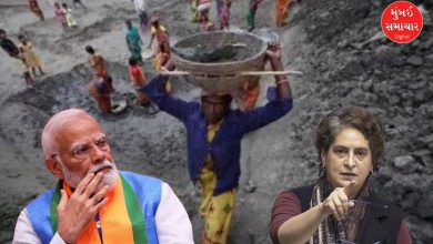 મનરેગા યોજનાનું નામ બદલવાના મુદ્દે કેન્દ્ર સરકારની નીતિનો વિરોધ કરી રહેલા કોંગ્રેસ નેતા પ્રિયંકા ગાંધી અને કે.સી. વેણુગોપાલ.