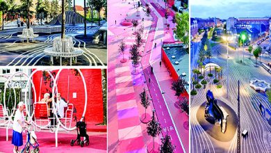 કોપનહેગનના સુપર કાઇલેન અર્બન પાર્કનો લાલ વિસ્તાર (Red Square) અને સફેદ લહેરાતા પટ્ટાવાળો બ્લેક માર્કેટ વિસ્તાર.