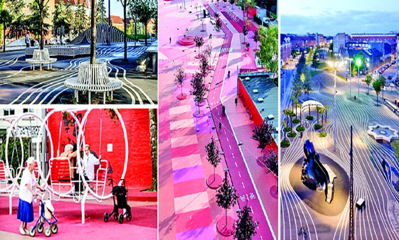 કોપનહેગનના સુપર કાઇલેન અર્બન પાર્કનો લાલ વિસ્તાર (Red Square) અને સફેદ લહેરાતા પટ્ટાવાળો બ્લેક માર્કેટ વિસ્તાર.