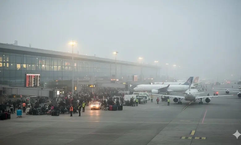 દિલ્હી એરપોર્ટ પર ગાઢ ધુમ્મસમાં ઉભેલા વિમાનો અને ઓછી વિઝિબિલિટીનું દ્રશ્ય.