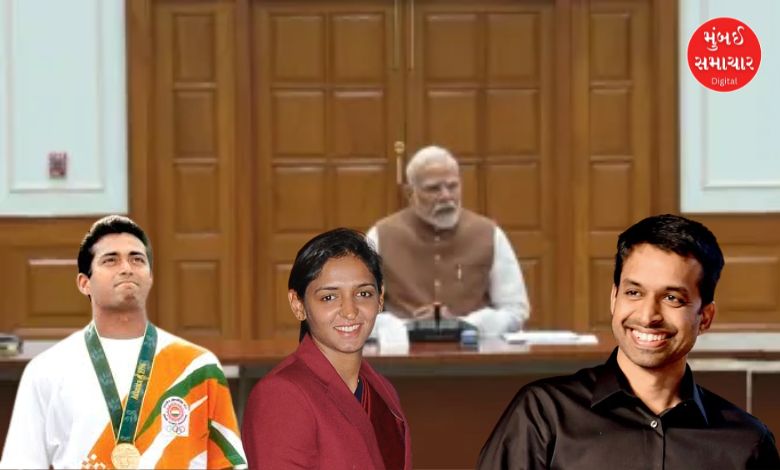 પીએમ મોદી અને ભારતીય ખેલાડીઓ હરમનપ્રીત કૌર, લિએન્ડર પેસ અને પુલેલા ગોપીચંદની ગ્રાફિકલ તસવીર.