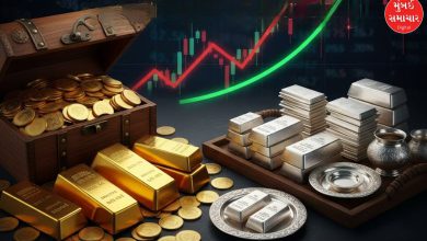 સોનાના સિક્કા અને ચાંદીની લગડીઓ સાથે વધતા ભાવનો ગ્રાફ દર્શાવતું ચિત્ર.