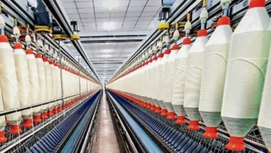 ભારતીય ટેક્સ્ટાઈલ નિકાસ વૃદ્ધિનો આલેખ અને કાપડ ઉદ્યોગના કામદારો.