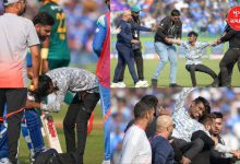 રાયપુર વન-ડેમાં વિરાટ કોહલીનો ચાહક મેદાનમાં ઘૂસ્યો, સુરક્ષાકર્મીઓ તેને બહાર લઈ જઈ રહ્યા છે.