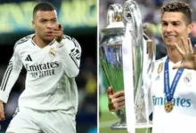 કીલિયાન ઍમ્બપ્પે રિયલ મૅડ્રિડ માટે ગોલ કર્યા પછી ઉજવણી કરતો ફોટો