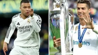 કીલિયાન ઍમ્બપ્પે રિયલ મૅડ્રિડ માટે ગોલ કર્યા પછી ઉજવણી કરતો ફોટો