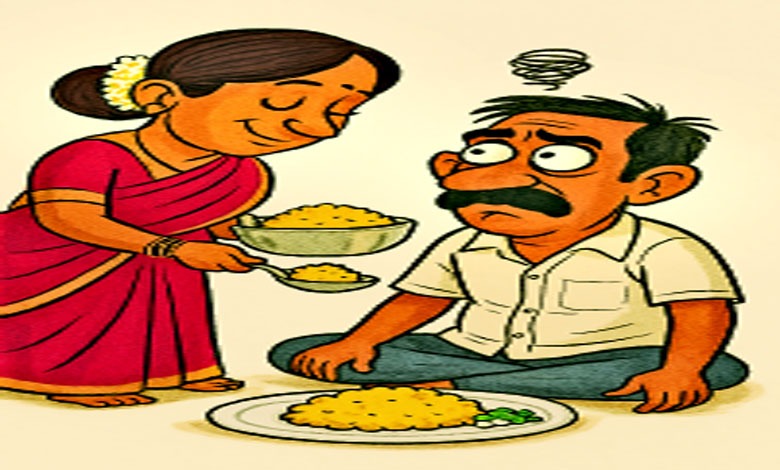 લગ્ન માટે ઉતાવળો કુંવારો છોકરો અને લગ્ન જીવનની વાસ્તવિકતા સમજાવતા મિત્રોનું વ્યંગાત્મક ચિત્ર.