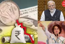Indian rupee falling against the US dollar with political leaders reacting to the currency depreciation