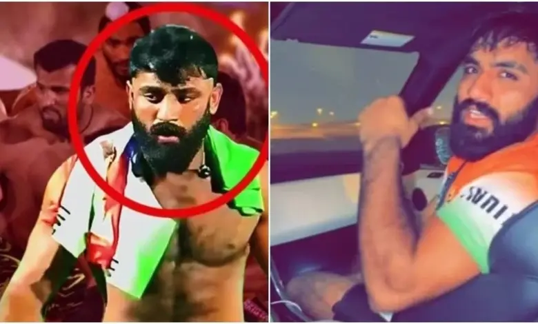 ભારતીય ટીમની જર્સીમાં પાકિસ્તાની કબડ્ડી ખેલાડી ઉબઈદુલ્લા રાજપૂત અને પાકિસ્તાન કબડ્ડી ફેડરેશનનો લોગો.