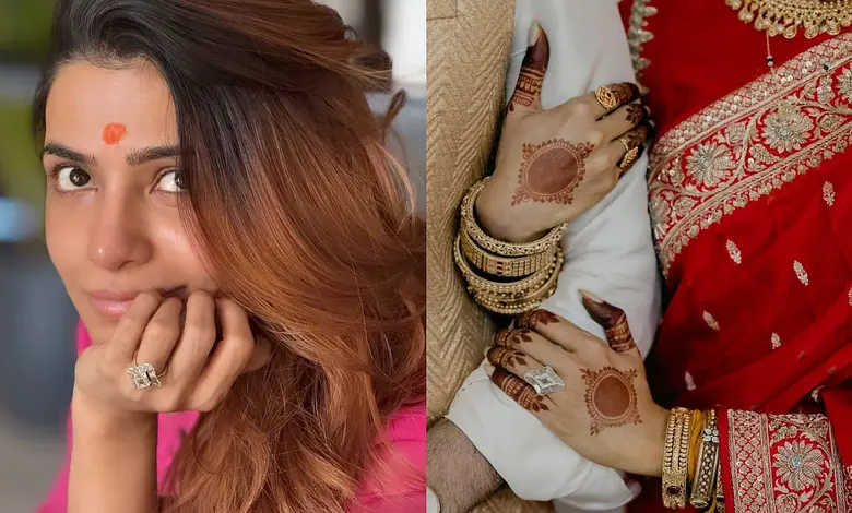 અભિનેત્રી સામંથા રૂથ પ્રભુ અને રાજ નિદિમોરુની વેડિંગ રિંગની ઝલક, જે ફેબ્રુઆરી 2025માં થયેલી સગાઈનો સંકેત આપે છે.