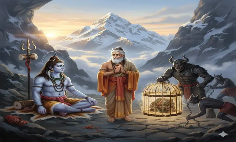 ભગવાન શિવ અને અસુરગુરુ શુક્રાચાર્ય વચ્ચે કૈલાસ પર સંવાદ અને દુર્ગમાસુર દ્વારા વેદોને કેદ કરવાનું દ્રશ્ય.