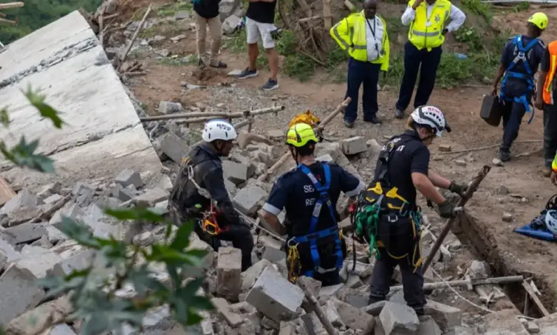 Emergency response at a construction site after a temple collapse in KwaZulu-Natal, South Africa