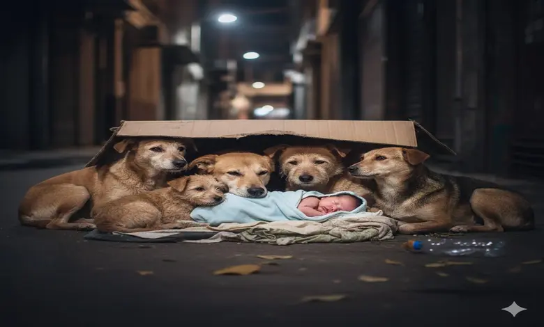 Stray dogs protect newborn baby