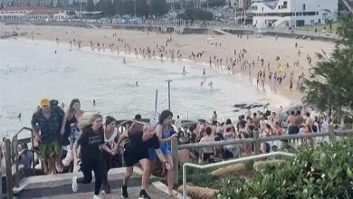 ઓસ્ટ્રેલિયાના સિડનીમાં બોન્ડી બીચ પર થયેલા આતંકી હુમલાનું દૃશ્ય, પોલીસ અને સુરક્ષાકર્મીઓ ઘટનાસ્થળે, પીડિતોને મદદ કરતા.