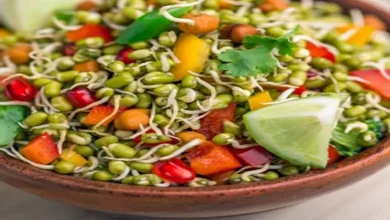 પલાળેલી બદામ અને અંકુરિત કઠોળ ખાવાની યોગ્ય રીત દર્શાવતું દૃશ્ય