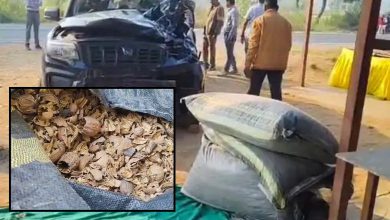 Police inspecting a damaged Scorpio car involved in an accident that led to the discovery of Posh Doda in Santrampur