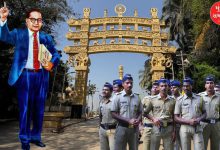 Large crowd gathering at Chaityabhoomi with heavy police deployment for Ambedkar’s Mahaparinirvana Day.