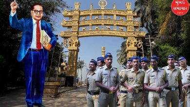 Large crowd gathering at Chaityabhoomi with heavy police deployment for Ambedkar’s Mahaparinirvana Day.