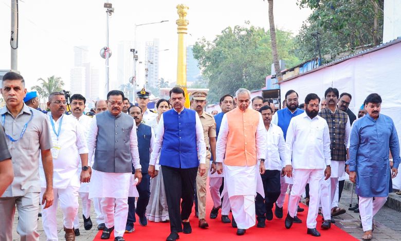 Crowds and leaders paying tribute to Dr. Babasaheb Ambedkar at Chaityabhoomi on Mahaparinirvan Din in Mumbai.