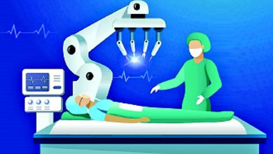 રોબોટ અને મશીનોની મદદથી આરામ કરતા માણસનું રમુજી ચિત્ર