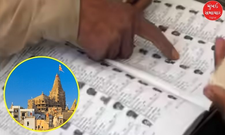 Voters checking names at polling station in Dwarka