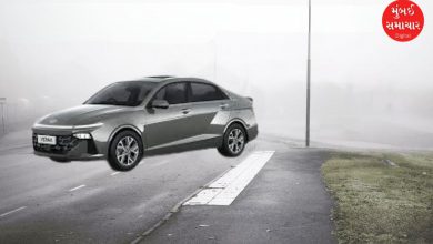 ગાઢ ધુમ્મસમાં રસ્તા પર જતી કાર અને ચાલુ ફોગ લાઈટ્સનું દ્રશ્ય.