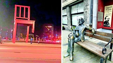 જીનિવા, સ્વિટ્ઝર્લેન્ડમાં યુનાઈટેડ નેશન્સ સામે આવેલી વિશાળ બ્રોકન ચેરનું શિલ્પ જે શાંતિનું પ્રતીક છે.