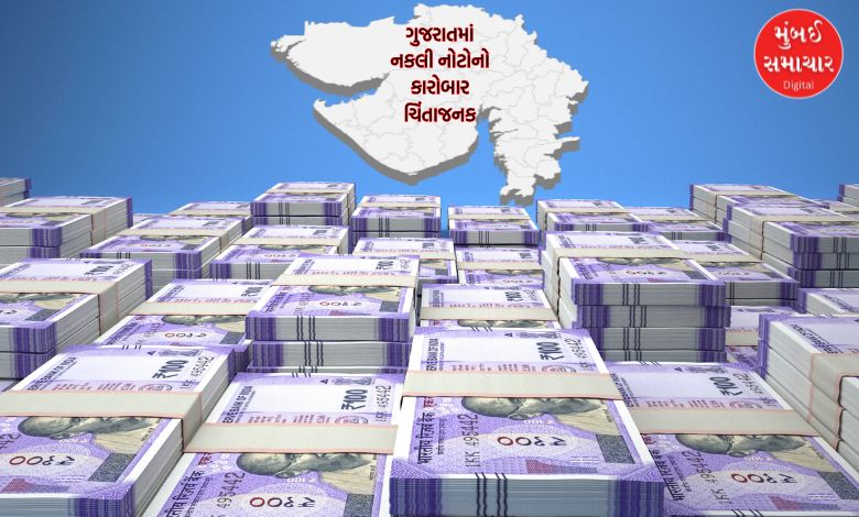 Seized fake currency notes displayed by police in Gujarat