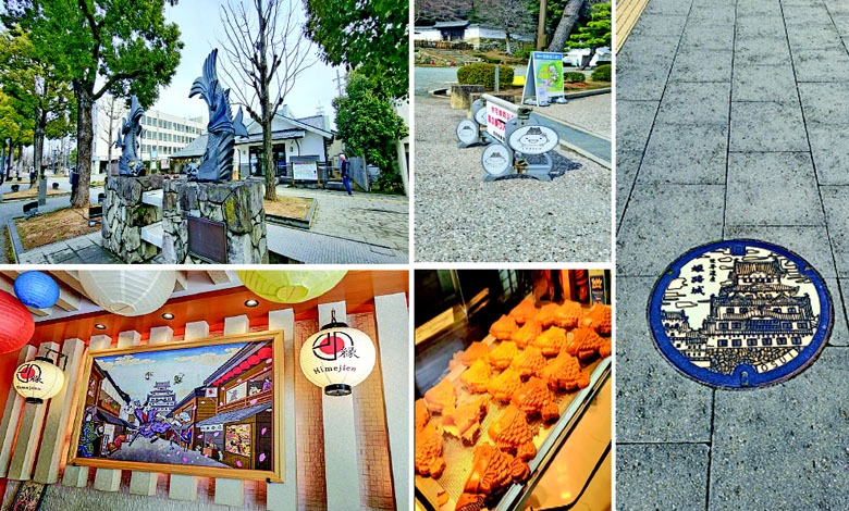 જાપાનના હિમેજી શહેરમાં આવેલો ઐતિહાસિક સફેદ કિલ્લો અને સ્થાનિક સ્ટ્રીટ ફૂડ તૈયાકીની તસવીર.