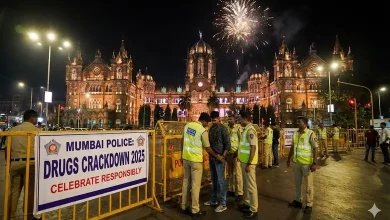 મુંબઈ પોલીસ અને એન્ટિ-નાર્કોટિક્સ સેલના અધિકારીઓ ડ્રગ્સ વિરોધી અભિયાન દરમિયાન.