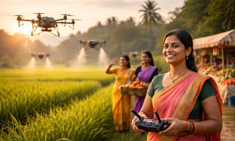 Rural women operating drones in Gujarat fields