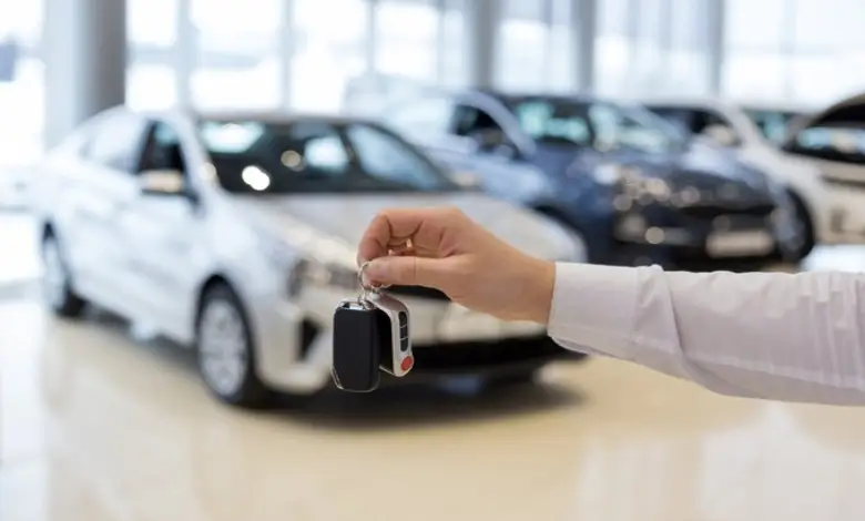 Passenger vehicles lined up at an automobile dealership representing growth in November sales.