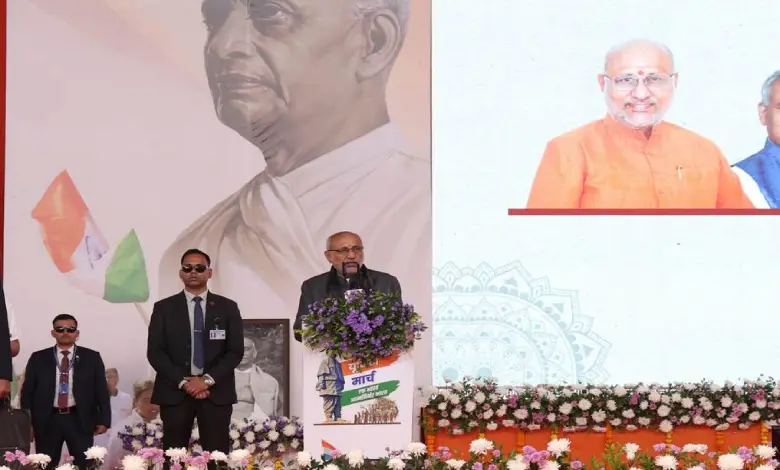 Participants of the Sardar@150 National Unity Walk arriving at the Statue of Unity complex in Ekta Nagar during the concluding ceremony.