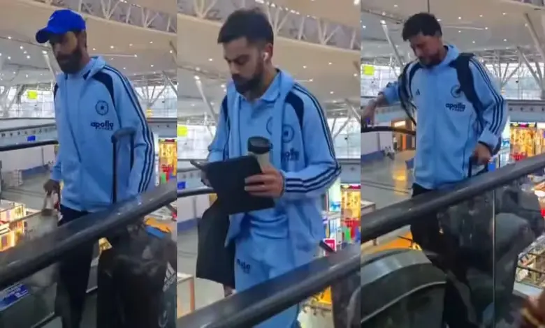 રાયપુર એરપોર્ટ પર ખરાબ એસ્કેલેટર પર ભારતીય ક્રિકેટ ટીમના ખેલાડીઓ સામાન લઈને ચઢતા દેખાય છે.