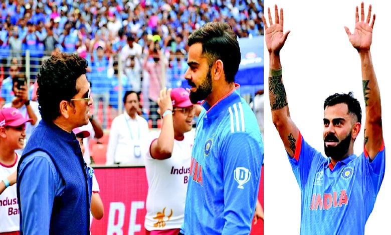 મેદાન પર બેટિંગ કરી રહેલો વિરાટ કોહલી અને સચિન તેન્ડુલકરના રેકોર્ડની સરખામણી દર્શાવતું ગ્રાફિક.