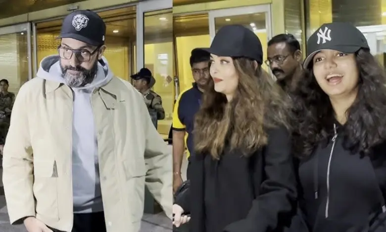 મુંબઈ એરપોર્ટ પર બ્લેક આઉટફિટમાં અભિષેક બચ્ચન, ઐશ્વર્યા રાય અને આરાધ્યા બચ્ચન.