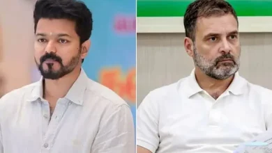 રાહુલ ગાંધી, મુખ્યમંત્રી એમ.કે. સ્ટાલિન અને અભિનેતા વિજયના ફોટા સાથે તમિલનાડુ ચૂંટણી ગઠબંધનનું પ્રતીકાત્મક ચિત્ર.