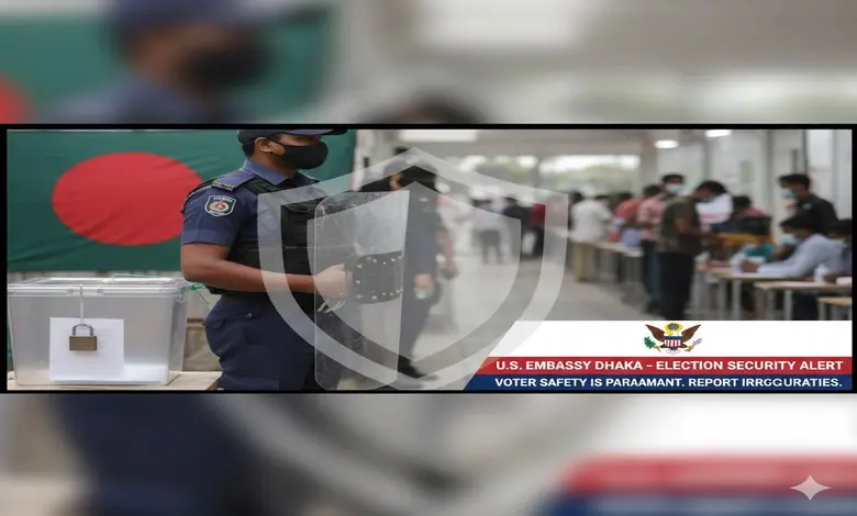 બાંગ્લાદેશમાં ચૂંટણી સુરક્ષા અને અમેરિકન દૂતાવાસની ચેતવણી દર્શાવતું પ્રતીકાત્મક ચિત્ર.
