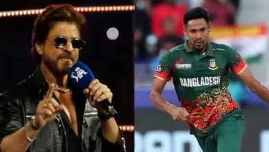 મુસ્તફિઝુર રહમાન KKR જર્સી અને આઇપીએલ હરાજીની વિગતો દર્શાવતું ગ્રાફિક.