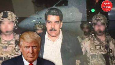 વેનેઝુએલાના રાષ્ટ્રપતિ નિકોલસ માદુરો અને અમેરિકી સૈન્ય કાર્યવાહી દર્શાવતું પ્રતિકાત્મક ચિત્ર.