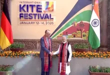 PM Narendra Modi and German Chancellor Friedrich Merz flying kites together at Sabarmati Riverfront, Ahmedabad.