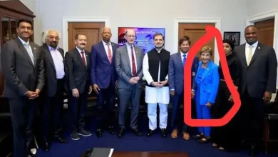 રાહુલ ગાંધી અને અમેરિકન સાંસદ શાકોવસ્કીની મુલાકાત તેમજ ભાજપના આરોપો દર્શાવતી ગ્રાફિક ઈમેજ.