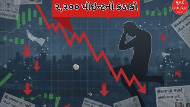 શેરબજારમાં મંદી અને સેન્સેક્સના ગ્રાફમાં ઘટાડો દર્શાવતું ચિત્ર.