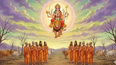 માતા પાર્વતી અને દુર્ગમાસુર વચ્ચેનું ભીષણ યુદ્ધ અને દેવી દુર્ગાનું પ્રાગટ્ય.