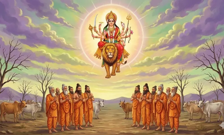 માતા પાર્વતી અને દુર્ગમાસુર વચ્ચેનું ભીષણ યુદ્ધ અને દેવી દુર્ગાનું પ્રાગટ્ય.