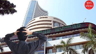 શેરબજારમાં ઘટાડો દર્શાવતો લાલ રંગનો ગ્રાફ અને સેન્સેક્સ-નિફ્ટીના આંકડા.