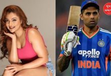 સૂર્યકુમાર યાદવ અને અભિનેત્રી ખુશી મુખર્જીની તસવીર, જે માનહાનિના કેસ અને વિવાદને દર્શાવે છે.