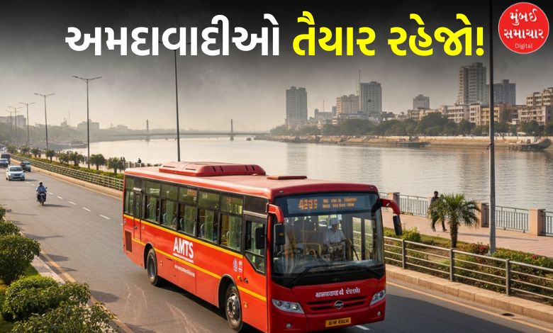 An AMTS bus passing through the iconic Sabarmati Riverfront road in Ahmedabad.