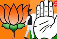 Mahendrajit Singh Malviya during his official rejoining ceremony with the Congress party flag.