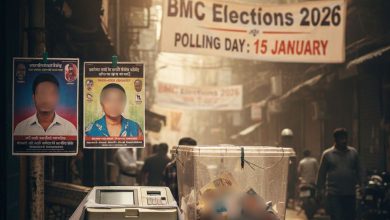 Electronic Voting Machine (EVM) and election campaign posters in Mumbai for BMC polls.